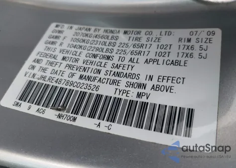 2009 Honda Cr-V Ex-L from USA, damaged, VIN JHLRE48789C023526